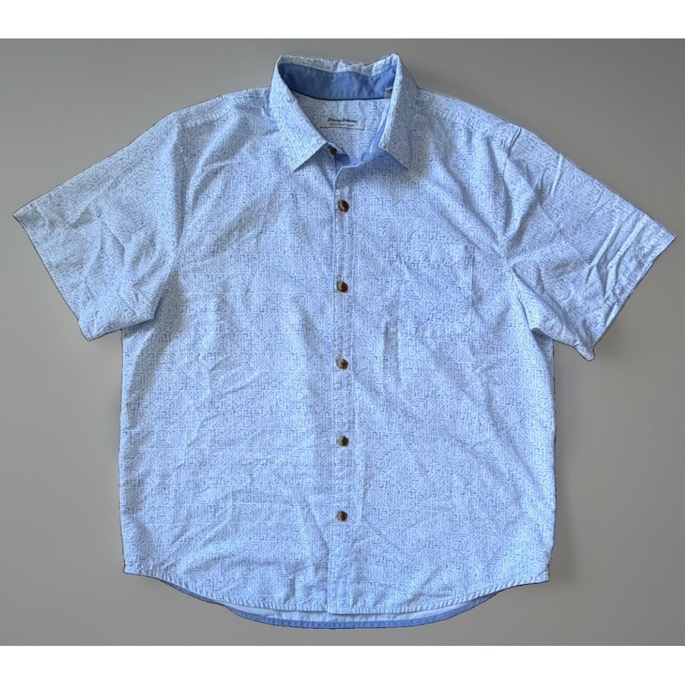 Tommy Bahama Coconut Point Short Sleeve Button Up Shirt Blue Geometric XL JBHS